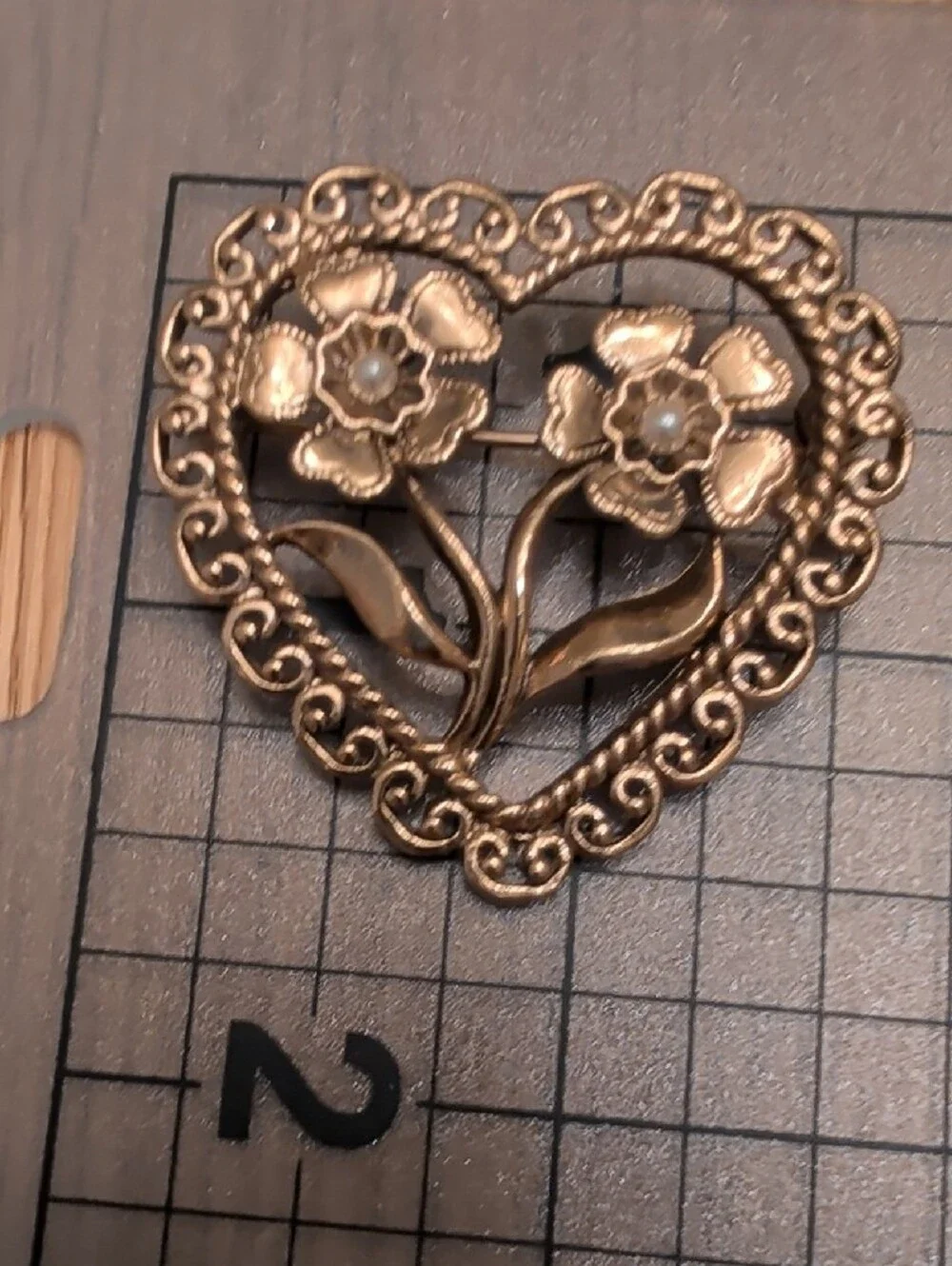 Gold Tone Heart Floral Brooch with Pearled Accents